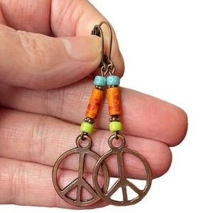 Hand Crafted Artisan Earrings Copper Peace Sign Hippie Boho Colorful # 184